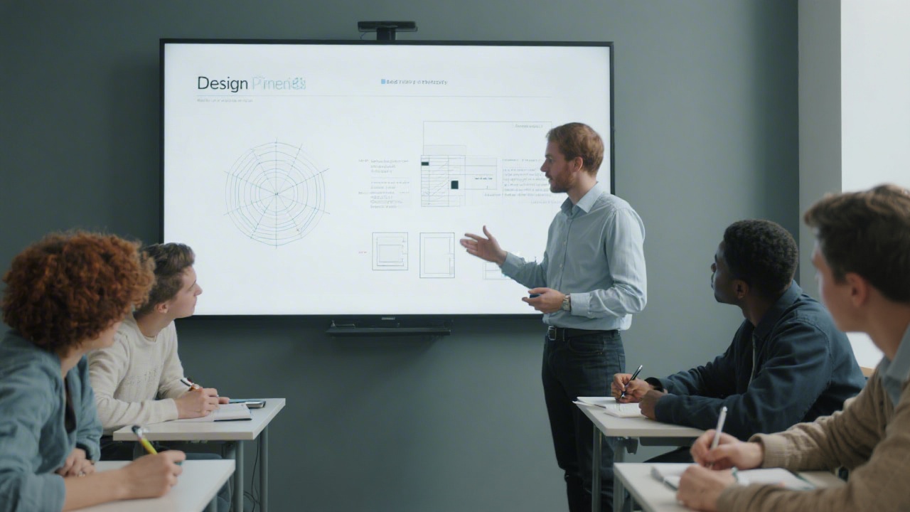 Instructor presenting a web layout on a large screen while students in a modern classroom take notes, with laptops open and a collaborative learning atmosphere.