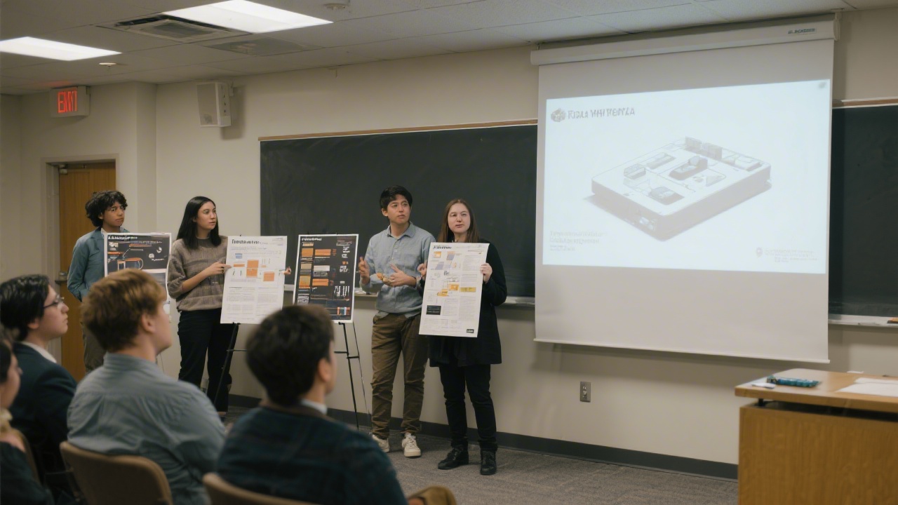 Students presenting final projects with printed posters and a projected prototype, standing in front of a small audience in an academic setting.