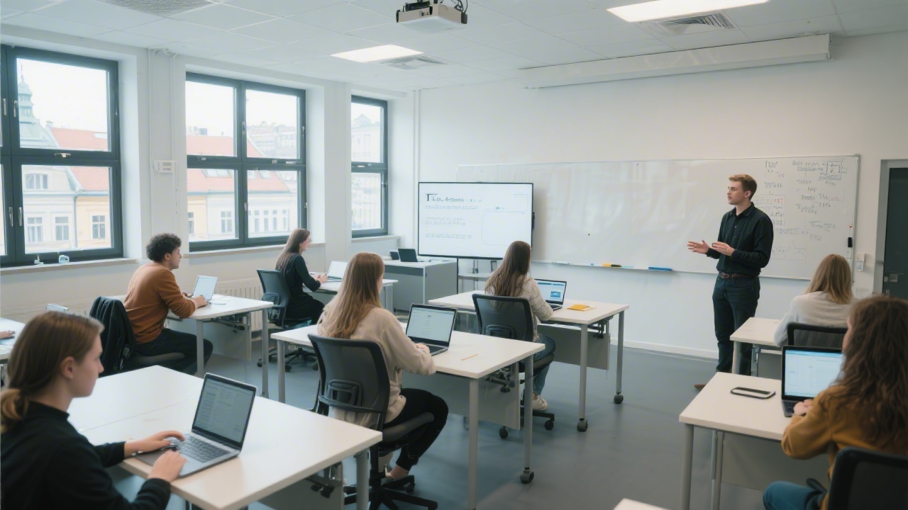 Wide photo of a modern classroom in Prague with large windows, students working on laptops, neutral desks, and an instructor speaking near a whiteboard in a tech academy setting.