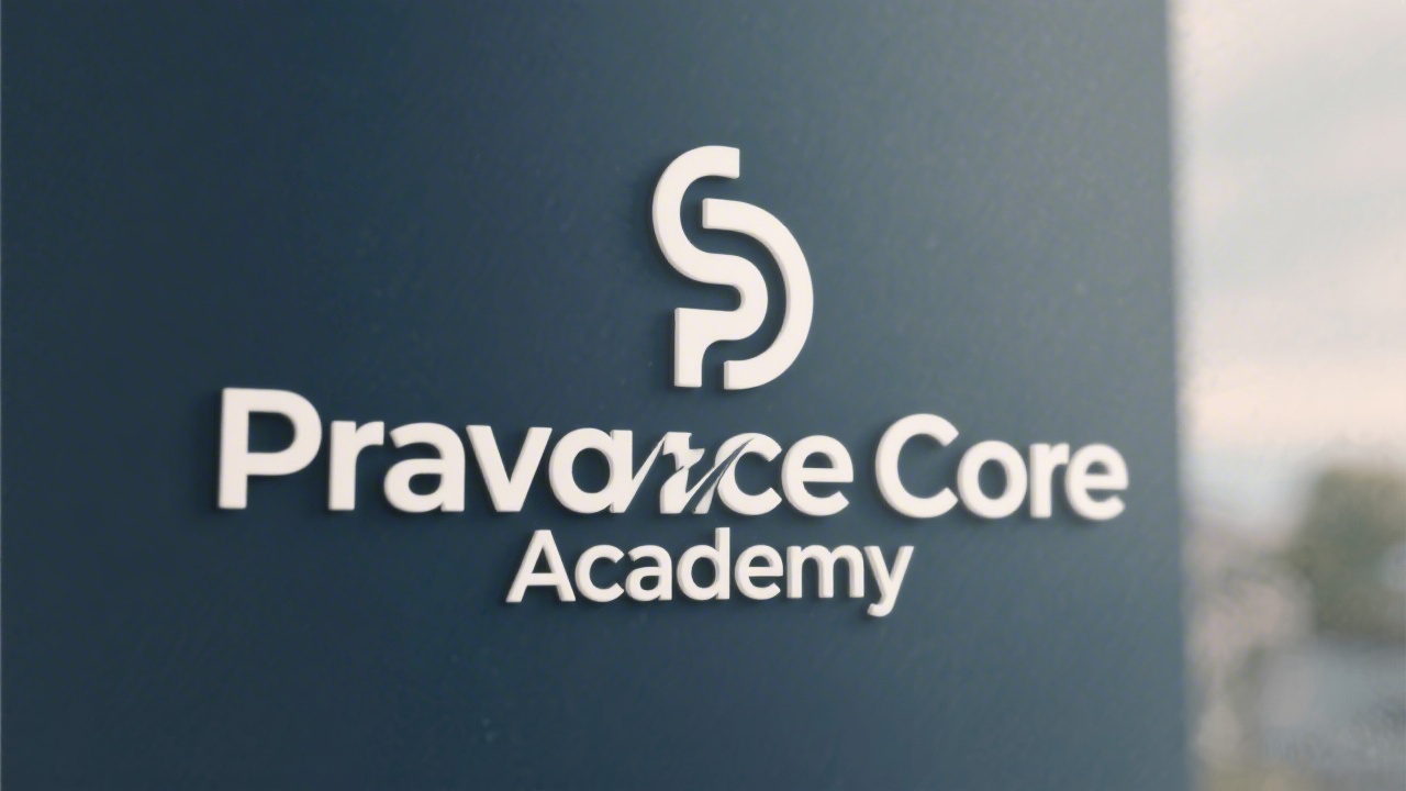 Simple wordmark logo reading Prague Core Academy in clean geometric sans-serif, flat icon circle at left, minimal and easy to recognize without complex shapes.