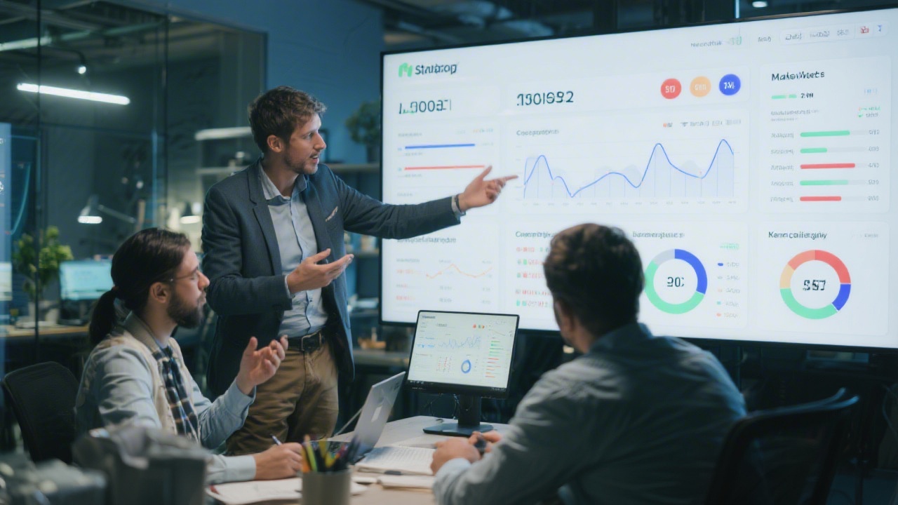 Marketing lab with analysts looking at dashboards and campaign performance on large monitors, discussing metrics and planning content in a startup office.