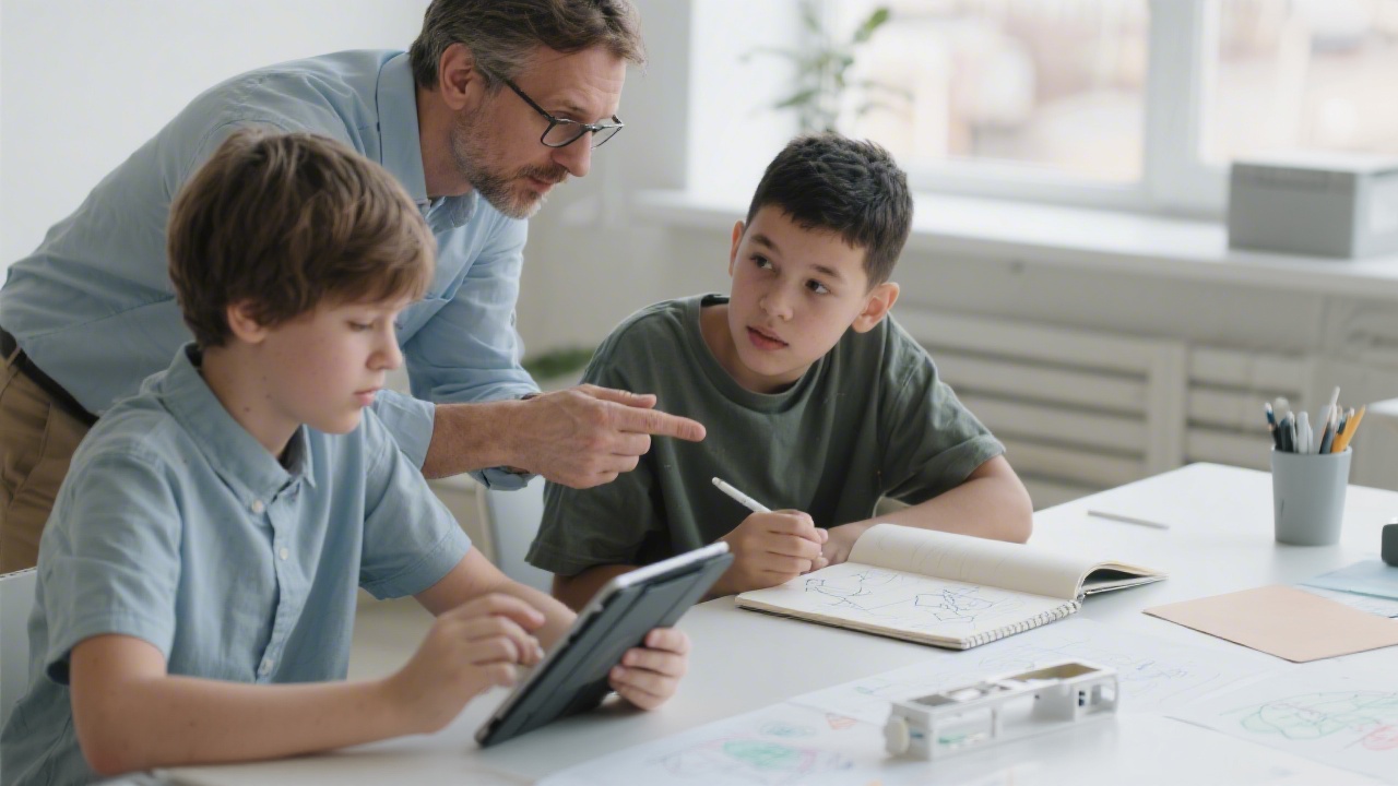 Mentor reviewing a student’s wireframes on a tablet, with notes and a sketchbook on the table, showing collaborative feedback in a tech academy.