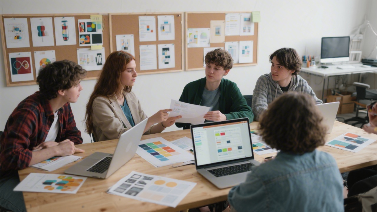 Group of students seated around a table reviewing portfolio boards, with printed mockups and laptops displaying UI screens in a design studio.