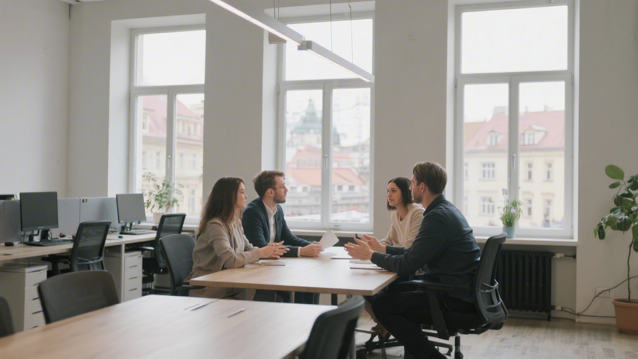 Bright office space in Prague with minimal furniture, large windows, and students discussing digital projects at a shared table, reflecting a calm academic atmosphere.