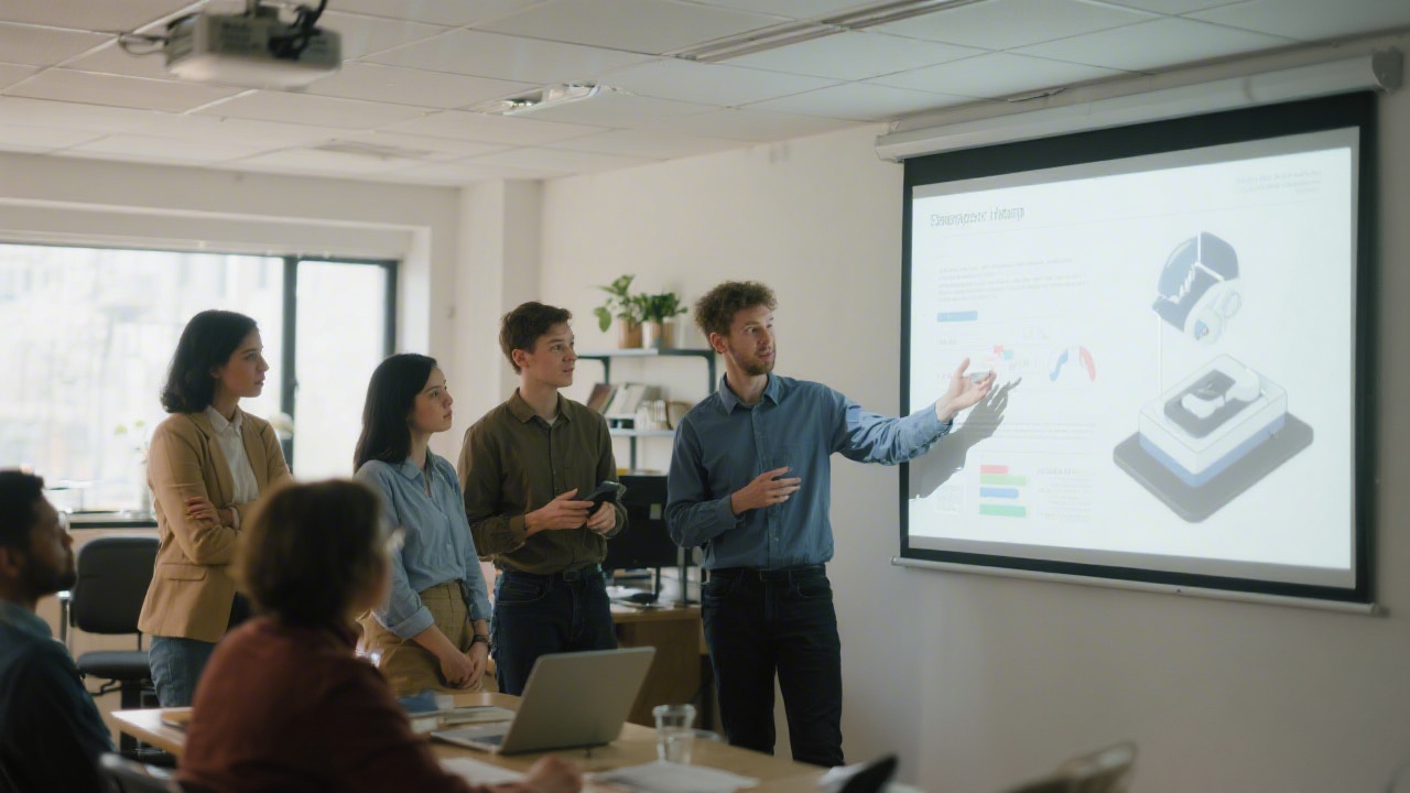 Students presenting a prototype website on a projector in front of peers, highlighting design decisions and marketing strategy outcomes.