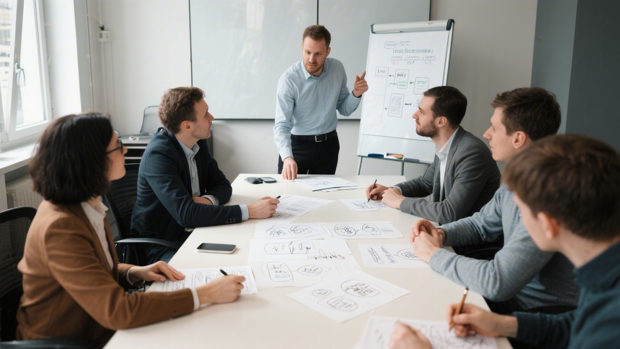 Corporate workshop setting with participants brainstorming marketing funnel ideas on a whiteboard, facilitator guiding the discussion in a professional meeting room.