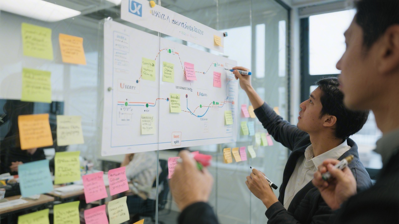 Small group workshop where participants map user journeys with sticky notes on a glass wall, focusing on UX research in a bright studio environment.
